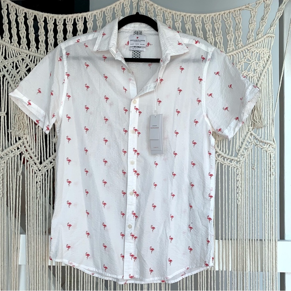 NWT Men’s Denim & Flower Slim Fit Seersucker Short-Sleeved Button Down Size S